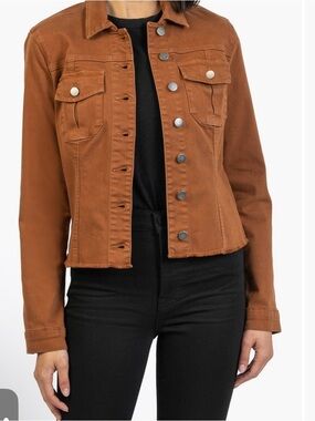 Kut from the Kloth Kara Fray Hem Cotton Rust Brown Cropped Denim Trucker Jacket